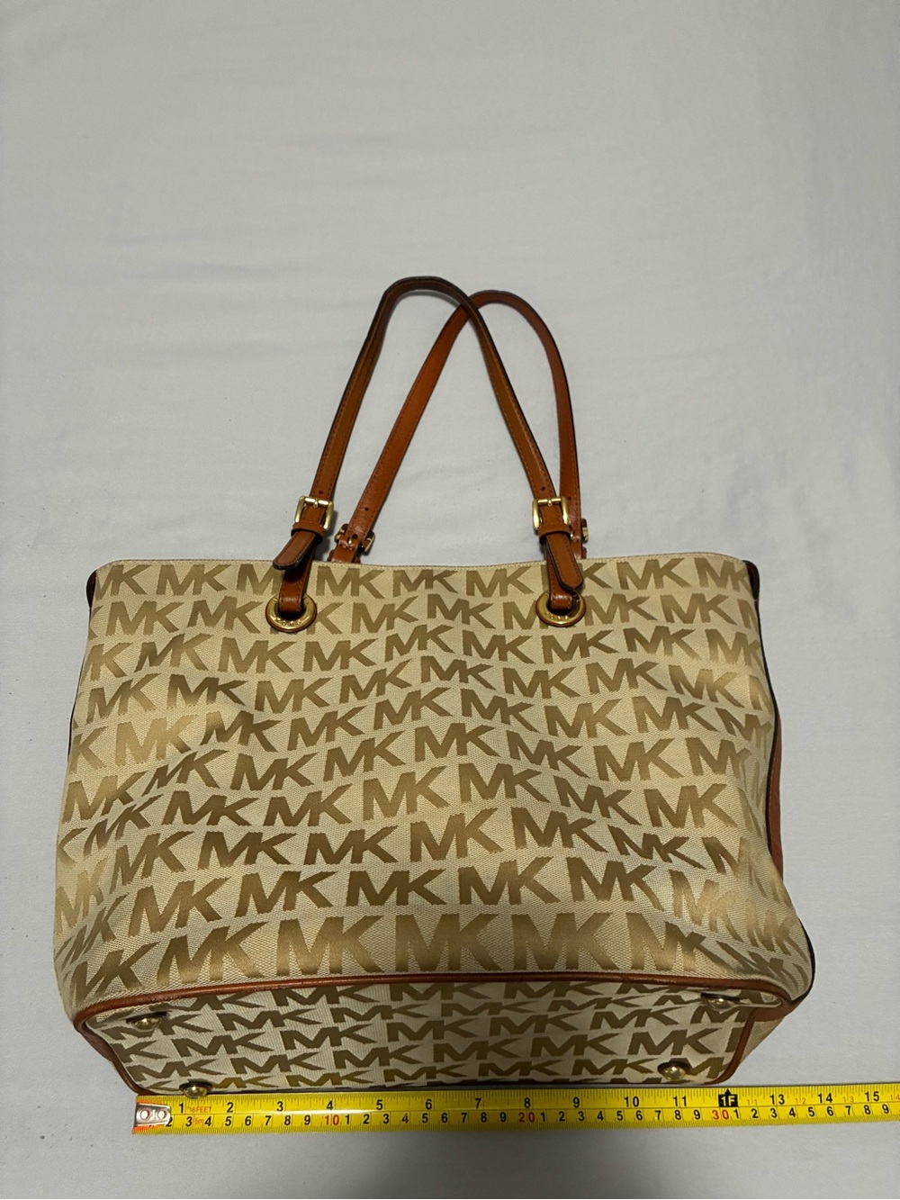 Michael Kors Beige Logo Tote Bag with Brown Leather Handles